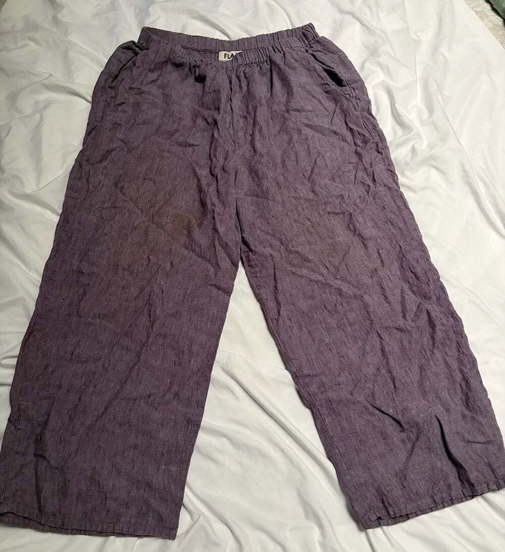 FLAX Women's 100% Linen Wide Leg Cropped Pants in Purple